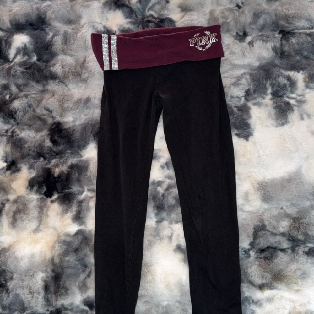Victoria's Secret Black Leggings with Maroon Waistband
